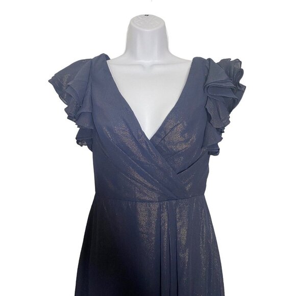 Dessy Collection Midnight Gold‎ Shimmer Flutter Sleeve Surplice V-Neck Gown Sz 4 - Picture 5 of 10